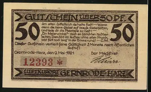 Notgeld Gernrode im Harz 1921, 50 Pfennig, Ortspartie mit Kirche