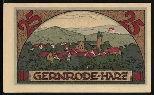 Notgeld Gernrode /Harz 1921, 25 Pfennig, Teilansicht mit Kirche