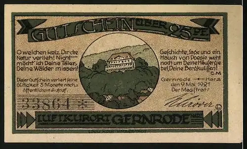 Notgeld Gernrode /Harz 1921, 25 Pfennig, Teilansicht mit Kirche