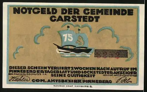 Notgeld Garstedt, 75 Pfennig, Gorch Fock, Krischon Honolulu