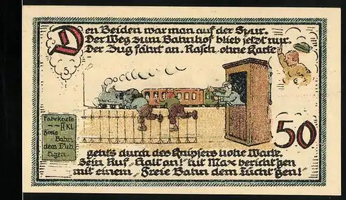 Notgeld Gatersleben 1921, 50 Pfennig, Max und Moritz rennen zur Bahn
