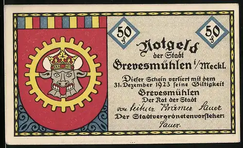 Notgeld Grevesmühlen i. Meckl. 1923, 50 Pfennig, Stadtwappen