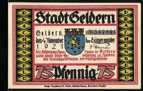 Notgeld Geldern 1921, 75 Pfennig, Stadtwappen