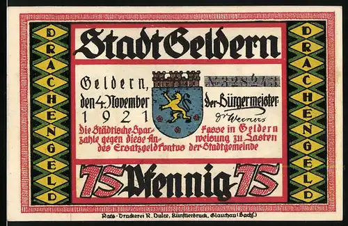 Notgeld Geldern 1921, 75 Pfennig, Stadtwappen