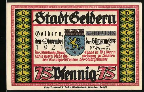 Notgeld Geldern 1921, 75 Pfennig, De Scheeper on de Möleknech on Buure van de Kluuss..., Stadtwappen