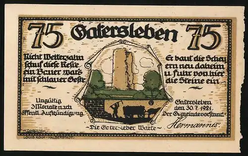 Notgeld Gatersleben 1921, 75 Pfennig, Die Gatersleber Warte