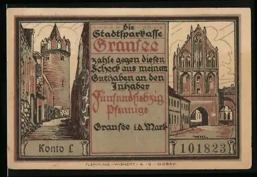 Notgeld Gransee i. d. Mark, 75 Pfennig, Männer trinken Wein, Turm, Tor