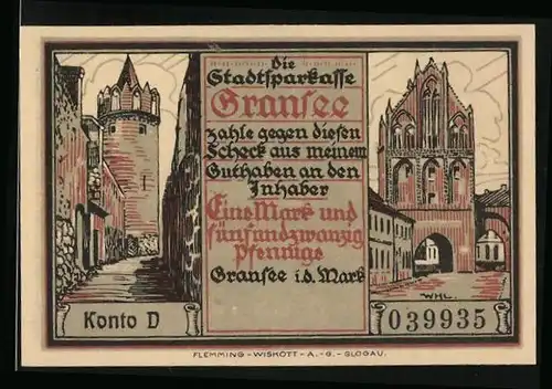 Notgeld Gransee i. d. Mark, 125 Pfennig, Bürger kämpfen gegen Hans Lüddeck, Turm, Tor