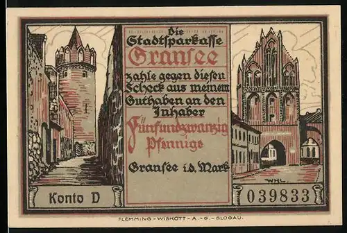 Notgeld Gransee i. d. Mark, 25 Pfennig, Wächter schaut ins Land, Turm, Tor