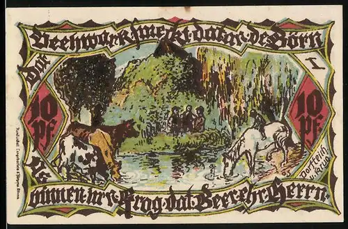 Notgeld Gross-Flottbek 1921, 10 Pfennig, Pferd und Rinder am Teich