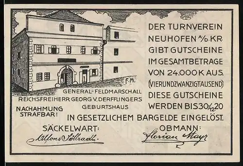 Notgeld Neuhofen a. d. Kr. 1920, 20 Heller, General-Feldmarschall Reichsfreiherr Georg v. Derfflingers Geburtshaus