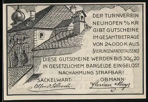 Notgeld Neuhofen a. d. Kr. 1920, 50 Heller, Gebäudeansicht