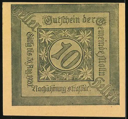 Notgeld Molln 1920, 10 Heller, Ortspartie mit Kirche