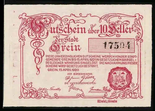Notgeld Grein 1920, 10 Heller, Teilansicht mit Kirche