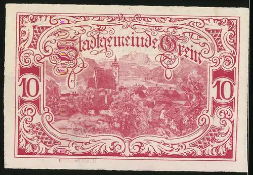 Notgeld Grein 1920, 10 Heller, Teilansicht mit Kirche