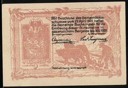 Notgeld Buchkirchen 1920, 10 Heller, Stadtwappen