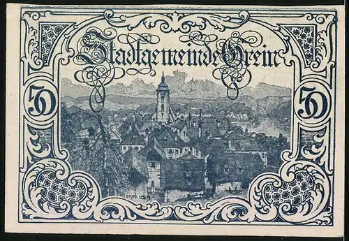 Notgeld Buchkirchen 1920, 50 Heller, Teilansicht mit Kirche, Wappen