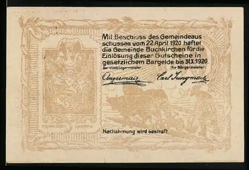 Notgeld Buchkirchen 1920, 50 Heller, Stadtwappen