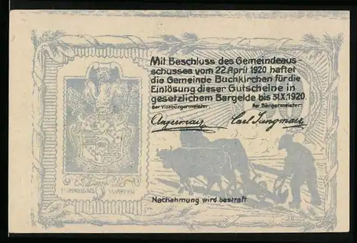 Notgeld Buchkirchen 1920, 20 Heller, Bauer mit Pflug, Stadtwappen