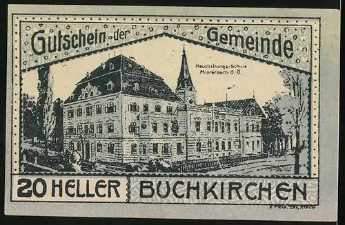 Notgeld Buchkirchen 1920, 20 Heller, Bauer mit Pflug, Stadtwappen