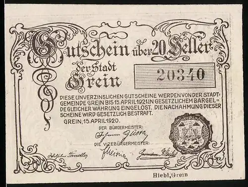 Notgeld Grein 1920, 20 Heller, Stadtwappen