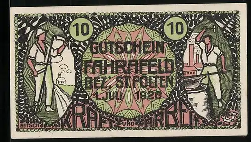 Notgeld Fahrafeld /Bez. St. Pölten 1920, 10 Heller, Bauer, Schmied