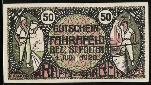 Notgeld Fahrafeld /Bez. St. Pölten 1920, 50 Heller, Bauer, Schmied