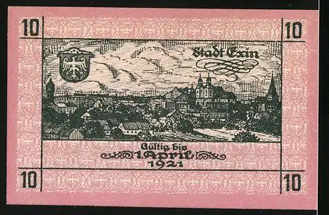 Notgeld Exin 1918, 10 Pfennig, Teilansicht mit Kirche, Wappen