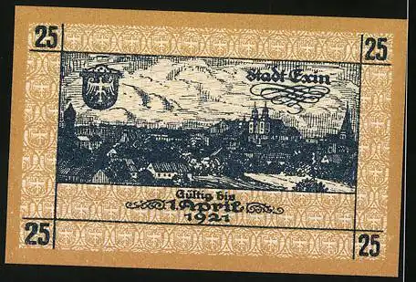 Notgeld Exin 1918, 25 Pfennig, Teilansicht mit Kirche, Wappen