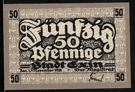 Notgeld Exin 1918, 50 Pfennig, Teilansicht mit Kirche, Wappen