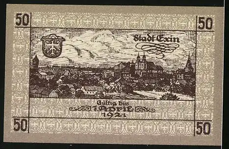 Notgeld Exin 1918, 50 Pfennig, Teilansicht mit Kirche, Wappen