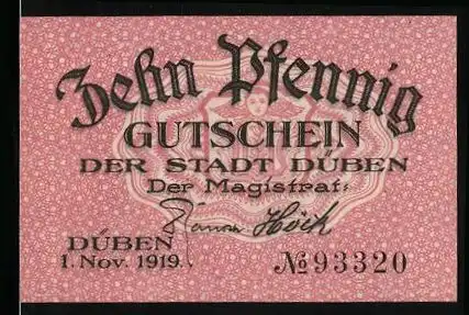 Notgeld Düben 1919, 10 Pfennig, Stadtwappen