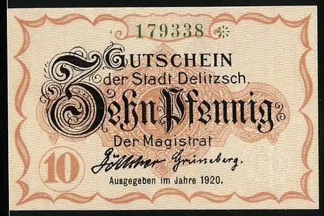 Notgeld Delitzsch 1920, 10 Pfennig, Ansicht vom Schloss