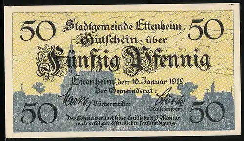 Notgeld Ettenheim 1919, 50 Pfennig, Stadtsilhouette mit Kirche