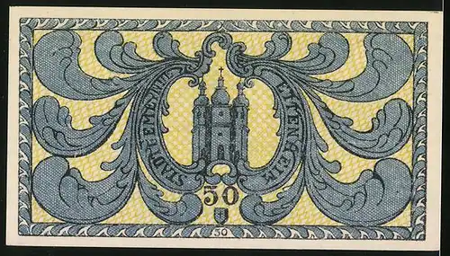 Notgeld Ettenheim 1919, 50 Pfennig, Stadtsilhouette mit Kirche