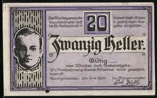 Notgeld Aurolzmünster 1920, 20 Heller, Graf Arco