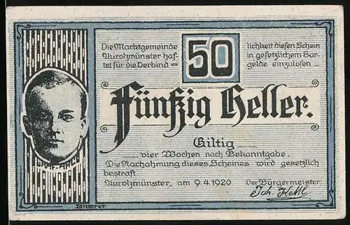 Notgeld Aurolzmünster 1920, 20 Heller, Graf Arco