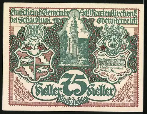 Notgeld St. Marienkirchen bei Schärding 1920, 75 Heller, Wiese mit Heuballen