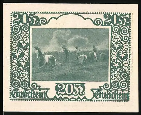 Notgeld St. Marienkirchen bei Schärdingi 1920, 20 Heller, Bauern auf dem Feld