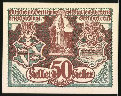 Notgeld St. Marienkirchen bei Schärdingi 1920, 50 Heller, Stute mit Fohlen