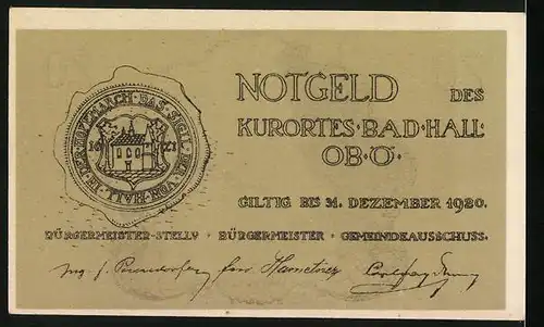 Notgeld Bad Hall /Ob.-Ö. 1920, 20 Heller, Rathaus