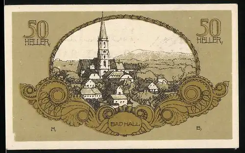 Notgeld Bad Hall /Ob.-Ö. 1920, 50 Heller, Teilansicht mit Kirche