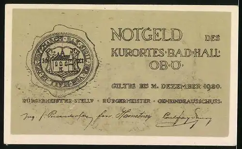 Notgeld Bad Hall /Ob.-Ö. 1920, 50 Heller, Teilansicht mit Kirche