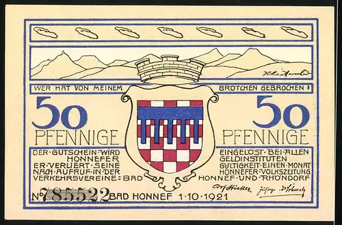 Notgeld Bad Honnef am Rhein 1921, 50 Pfennig, Ortspartie mit Kirche