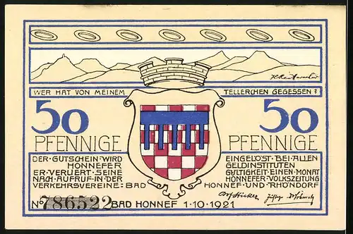 Notgeld Bad Honnef am Rhein 1921, 50 Pfennig, Ortspartie