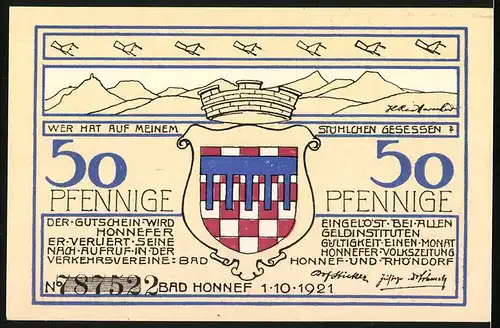 Notgeld Bad Honnef am Rhein 1921, 50 Pfennig, Ortspartie mit Kirche