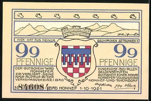 Notgeld Bad Honnef am Rhein 1921, 99 Pfennig, Löwenburg zur Ritterzeit, Stadtwappen