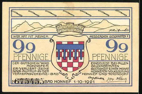 Notgeld Bad Honnef am Rhein 1921, 99 Pfennig, Karl Simrods Haus