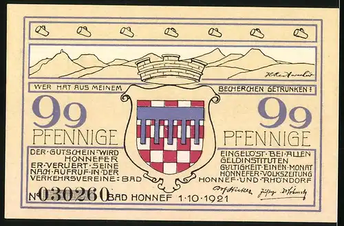 Notgeld Bad Honnef am Rhein 1921, 99 Pfennig, Löwenburg zur Ritterzeit, Stadtwappen