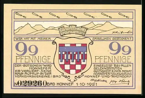 Notgeld Bad Honnef am Rhein 1921, 99 Pfennig, Ortspartie mit Kirche